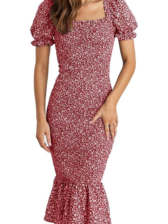 PrettyGarden Dresses & Skirts - Women’s Red Floral Puff-Sleeve Midi Dress with Ruffled Hem